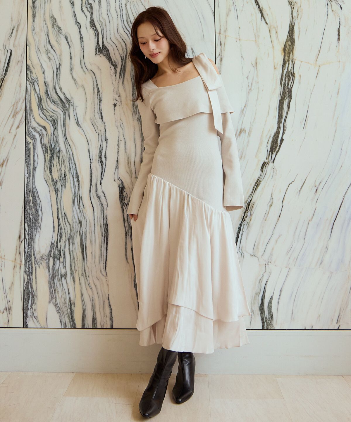 アンドクチュール「ショルダーリボンニットドッキングワンピース」|ワンピース|ピンク