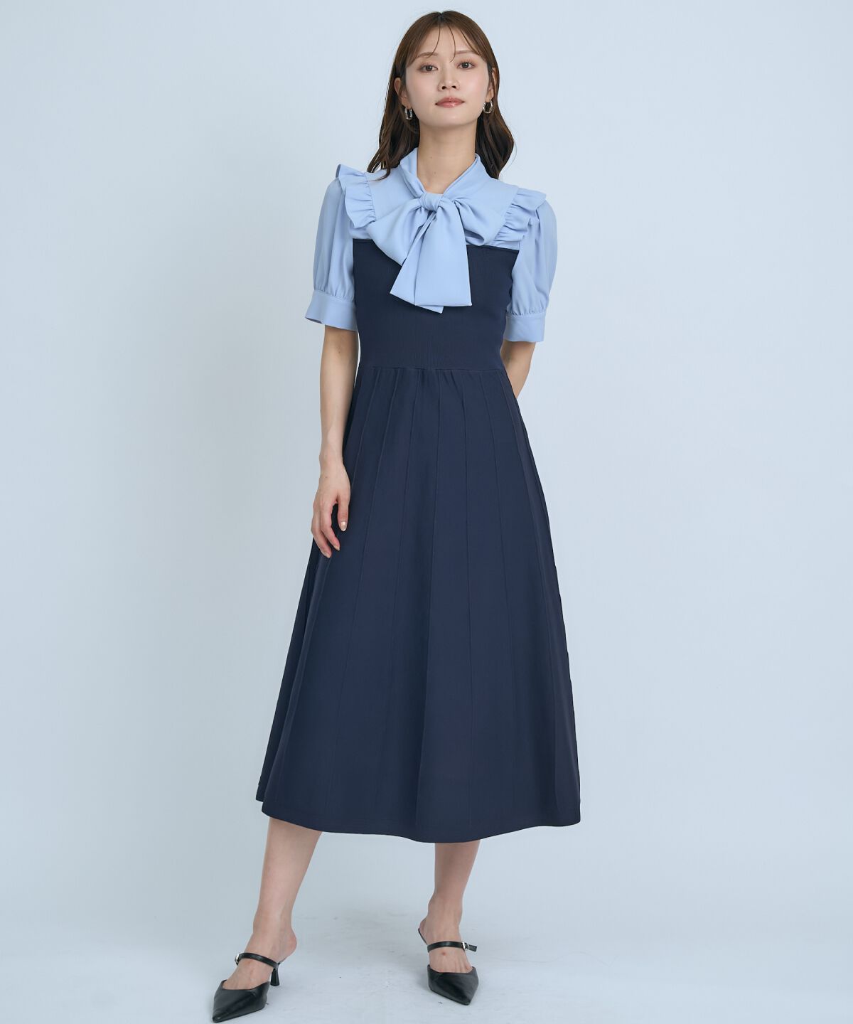 アンドクチュール「ニットビスチェ風ボウタイワンピース」|ワンピース|ネイビー