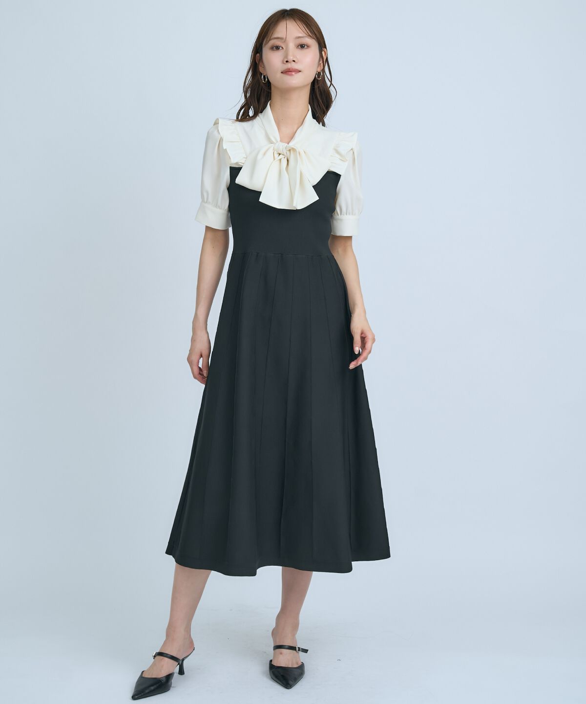 アンドクチュール「ニットビスチェ風ボウタイワンピース」|ワンピース|ブラック