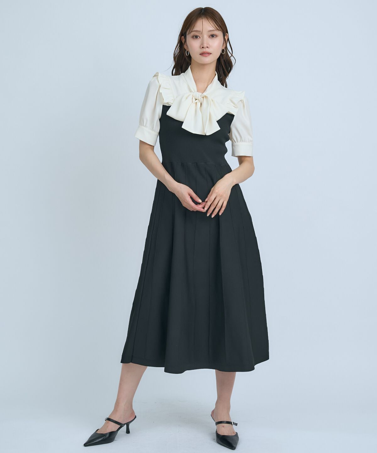 アンドクチュール「ニットビスチェ風ボウタイワンピース」|ワンピース|