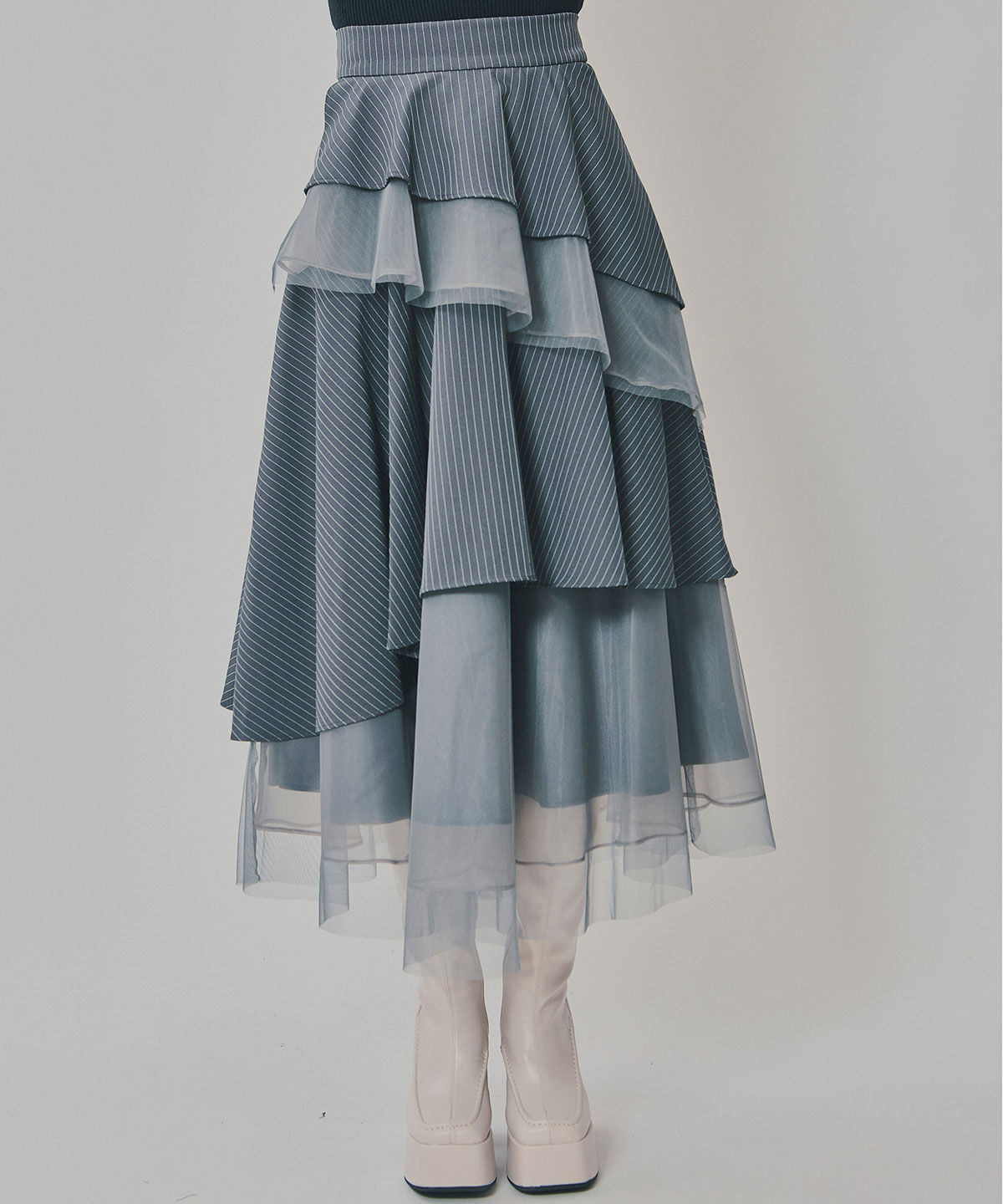 REDYAZEL「シアーMIXティアードスカート」|フレア|gray/borderｽﾄﾗｲﾌﾟ