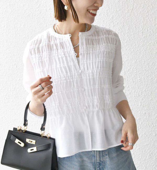 SHIPS any「《一部追加予約》【WEB限定】SHIPS any:〈洗濯機可能〉シアー シャーリング プチフリル ペプラム ブラウス」|シャツ・ブラウス|