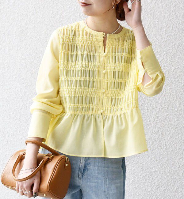 SHIPS any「《一部追加予約》【WEB限定】SHIPS any:〈洗濯機可能〉シアー シャーリング プチフリル ペプラム ブラウス」|シャツ・ブラウス|イエロー