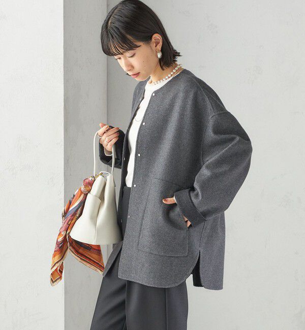 SHIPS for women「セミ 梳毛 配色 リバーシブル ノーカラー ショート コート」|ノーカラーコート|
