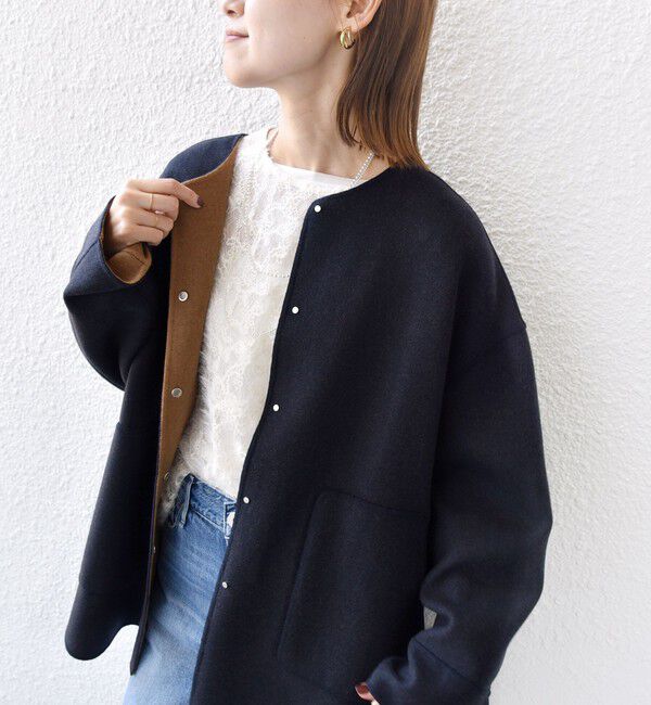 SHIPS for women「セミ 梳毛 配色 リバーシブル ノーカラー ショート コート」|ノーカラーコート|