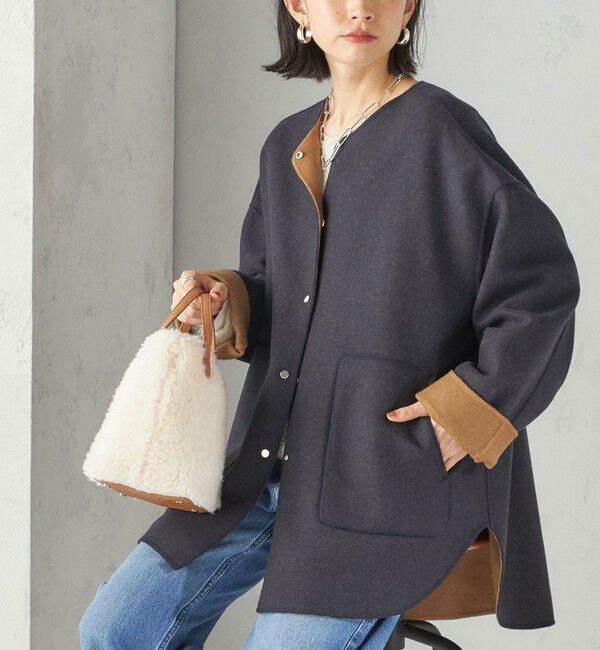 SHIPS for women「セミ 梳毛 配色 リバーシブル ノーカラー ショート コート」|ノーカラーコート|