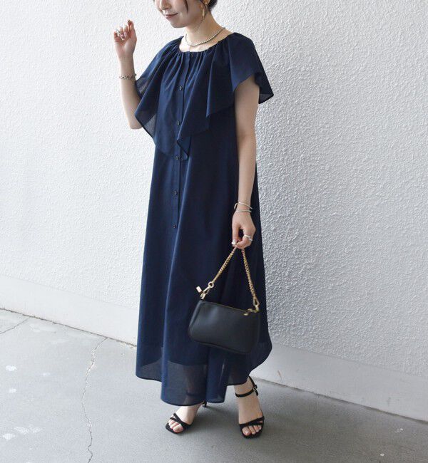 SHIPS any「《予約》SHIPS any:〈洗濯機可能〉ラッフル フリル ギャザー ロング ワンピース」|ワンピース|ネイビー