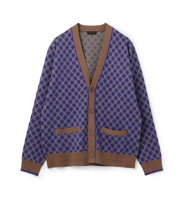 CABaN「コットンポリエステル チェックジャカード Vネックカーディガン」|ニット・セーター|68 ネイビー系