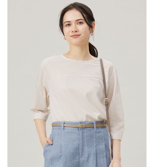 自由区「【接触冷感・UVカット・洗える】ストライプコットンハイゲージフォルムスリーブ カットソー」|Tシャツ・カットソー|オフ&times;シナモン