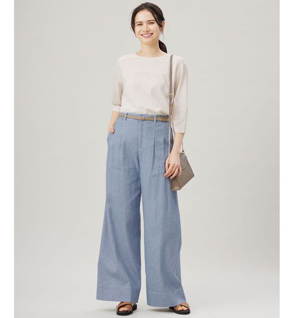 自由区「【接触冷感・UVカット・洗える】ストライプコットンハイゲージフォルムスリーブ カットソー」|Tシャツ・カットソー|