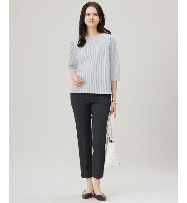 自由区「【接触冷感・UVカット・洗える】ストライプコットンハイゲージフォルムスリーブ カットソー」|Tシャツ・カットソー|