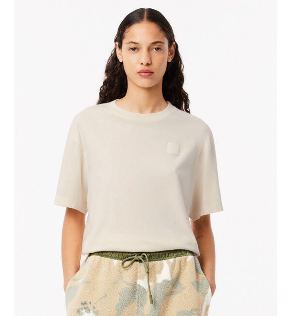 LACOSTE「ヘビーウェイト オーバーサイズ テニスボールパッチウォッシュド半袖Tシャツ」|Tシャツ・カットソー|アイボリー