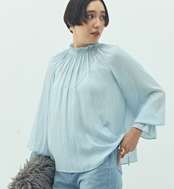 NOLLEY'S「ウォッシャブル2WAY割繊衿フリルブラウス」|シャツ・ブラウス|サックス