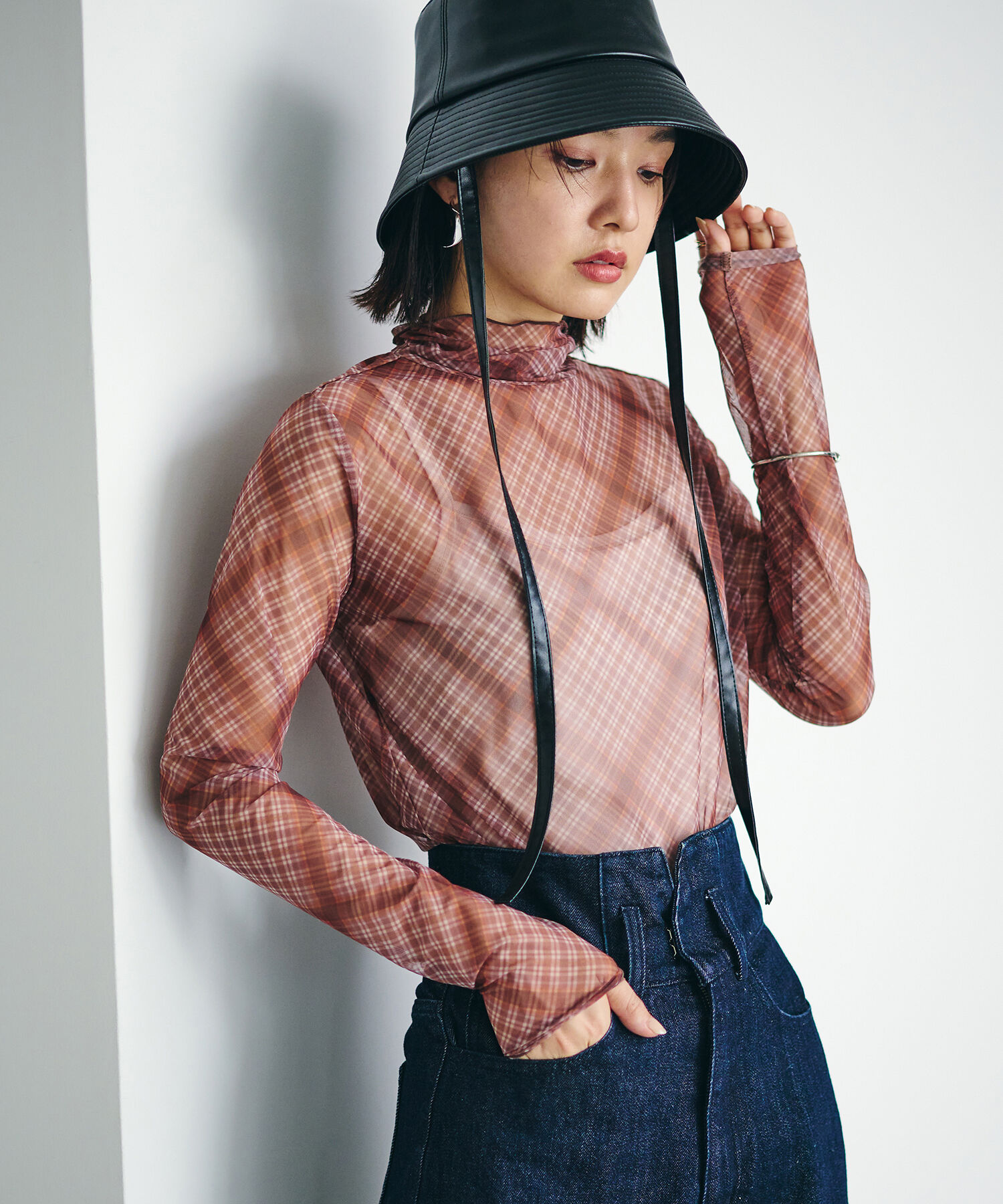 VIS「【程よい透け感】チェック＆花柄＆無地シアーインナー」|Tシャツ・カットソー|ブラウン(22)