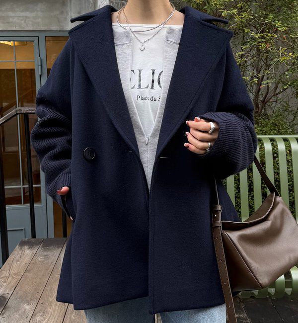  「ニットスリーブダブルコート」|その他|ネイビー