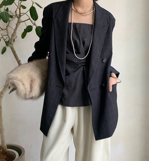  「肩パッドチェックダブルジャケット」|テーラードジャケット|