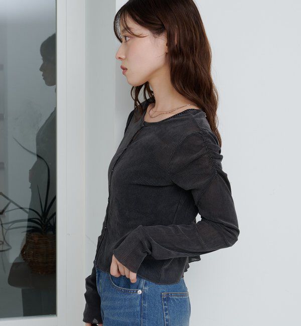  「【2サイズ展開】ストライプベロアフロッキー2wayカーディガン」|Tシャツ・カットソー|