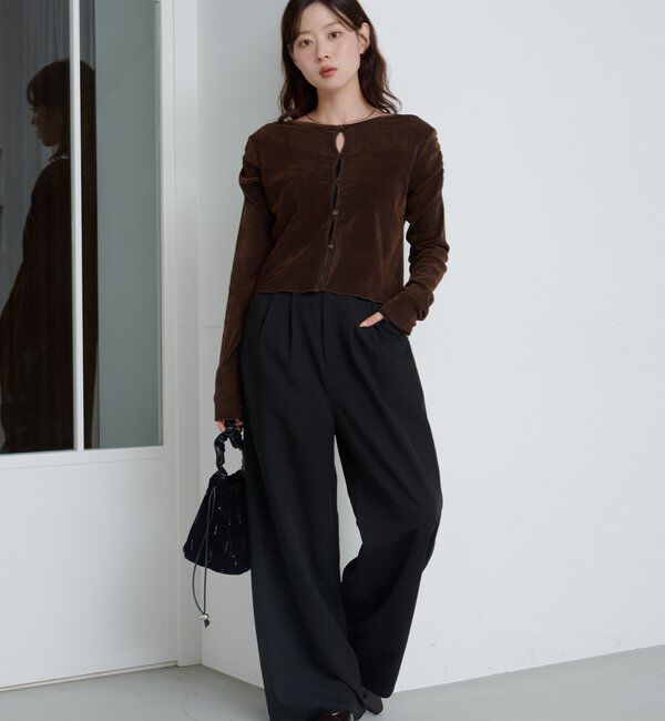  「【2サイズ展開】ストライプベロアフロッキー2wayカーディガン」|Tシャツ・カットソー|