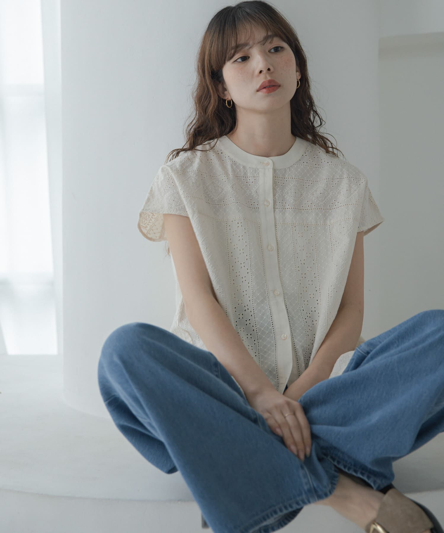 Sonny Label 「バンドカラーコットンレースシャツ」|シャツ・ブラウス|アイボリー