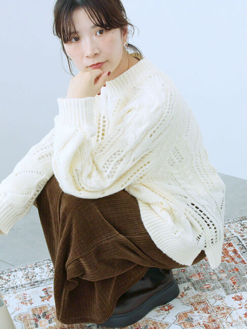 Samansa Mos2 blue「透かしケーブルニットプルオーバー」|ニット・セーター|