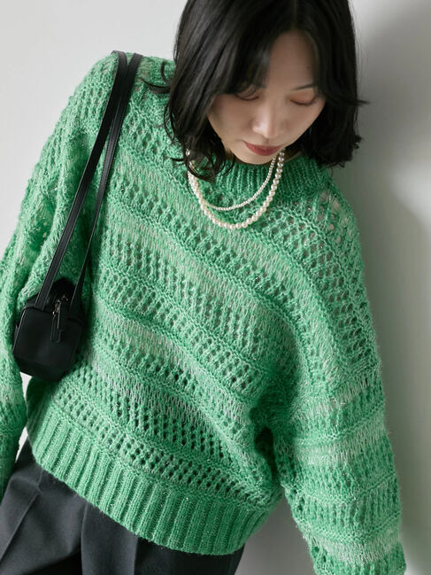 Samansa Mos2 blue「透かし柄ニットプルオーバー」|ニット・セーター|グリーン