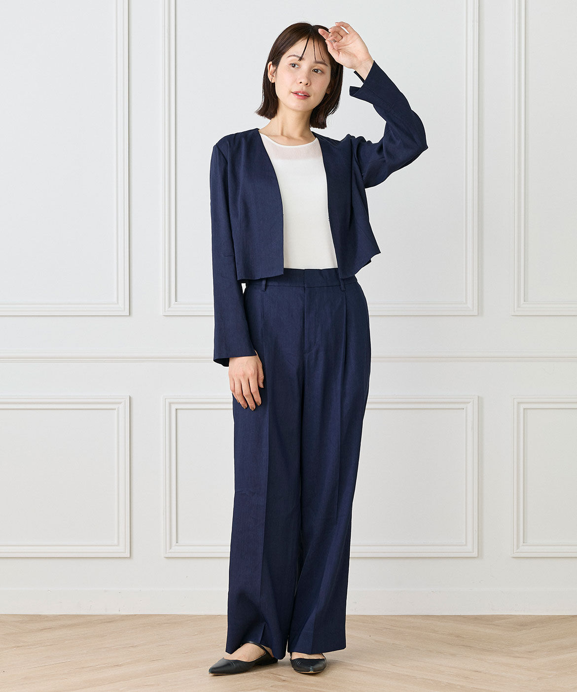 INED「《大きいサイズ》リネンスペンサージャケット《PONTETORTO》」|ノーカラージャケット|