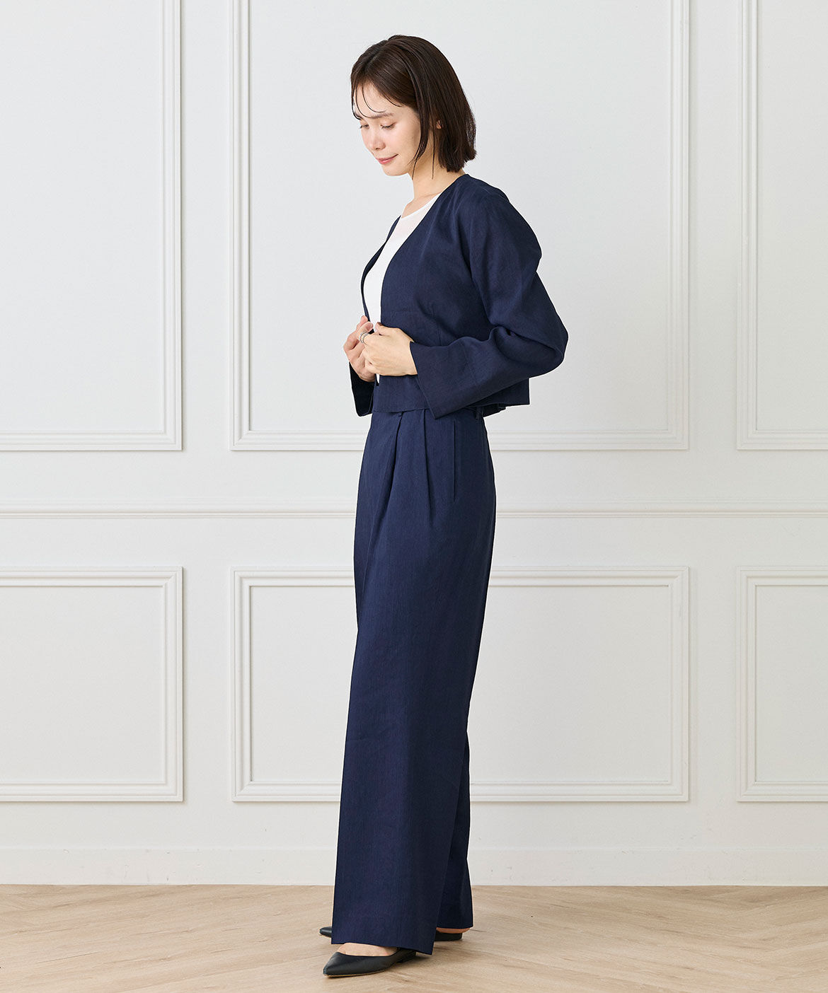 INED「《大きいサイズ》リネンスペンサージャケット《PONTETORTO》」|ノーカラージャケット|