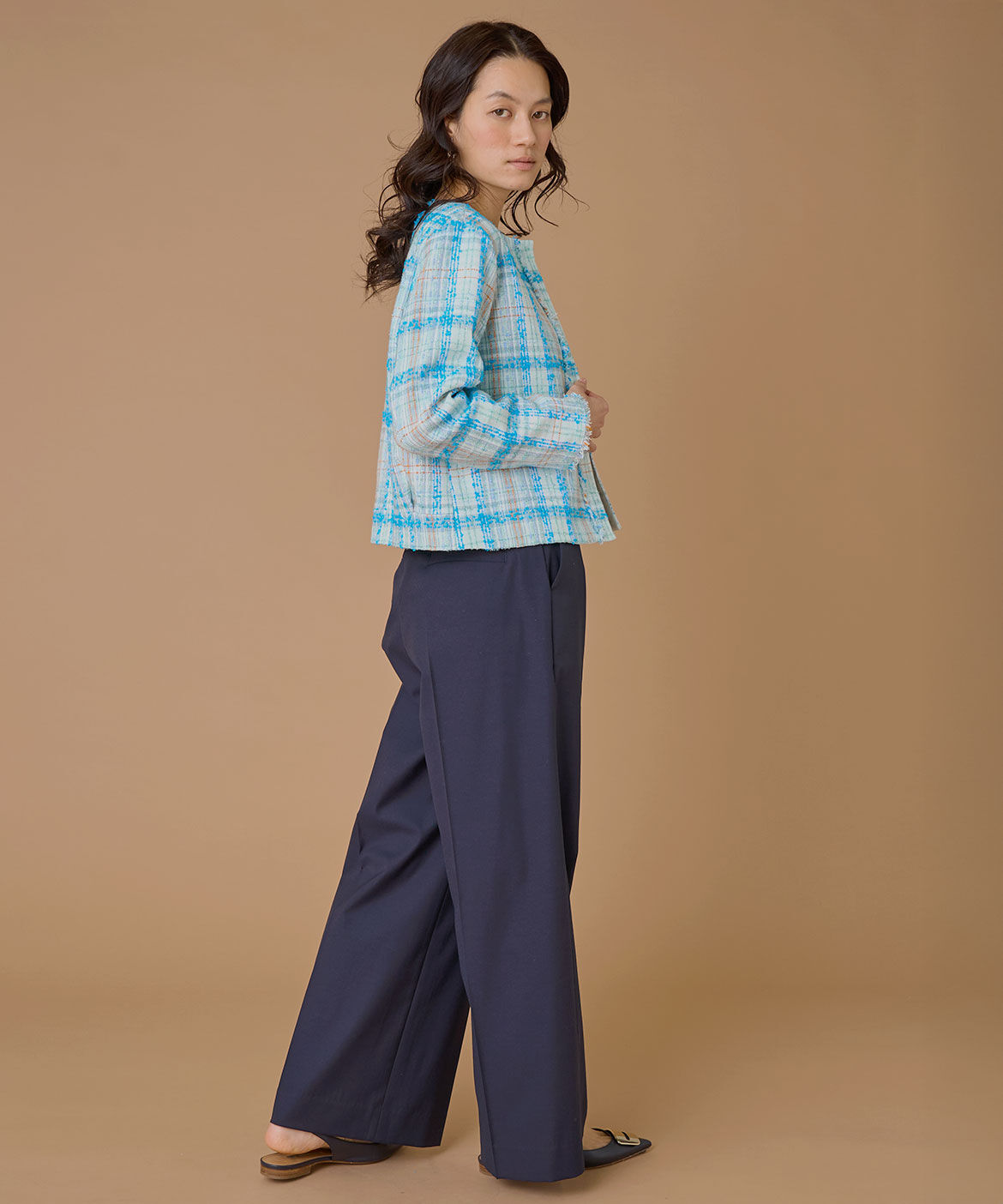 INED「《大きいサイズ》ノーカラーツイードジャケット《LINTON》」|ノーカラージャケット|