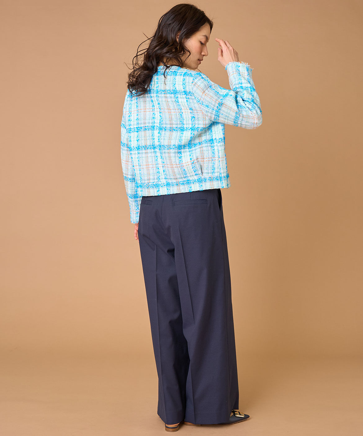 INED「《大きいサイズ》ノーカラーツイードジャケット《LINTON》」|ノーカラージャケット|