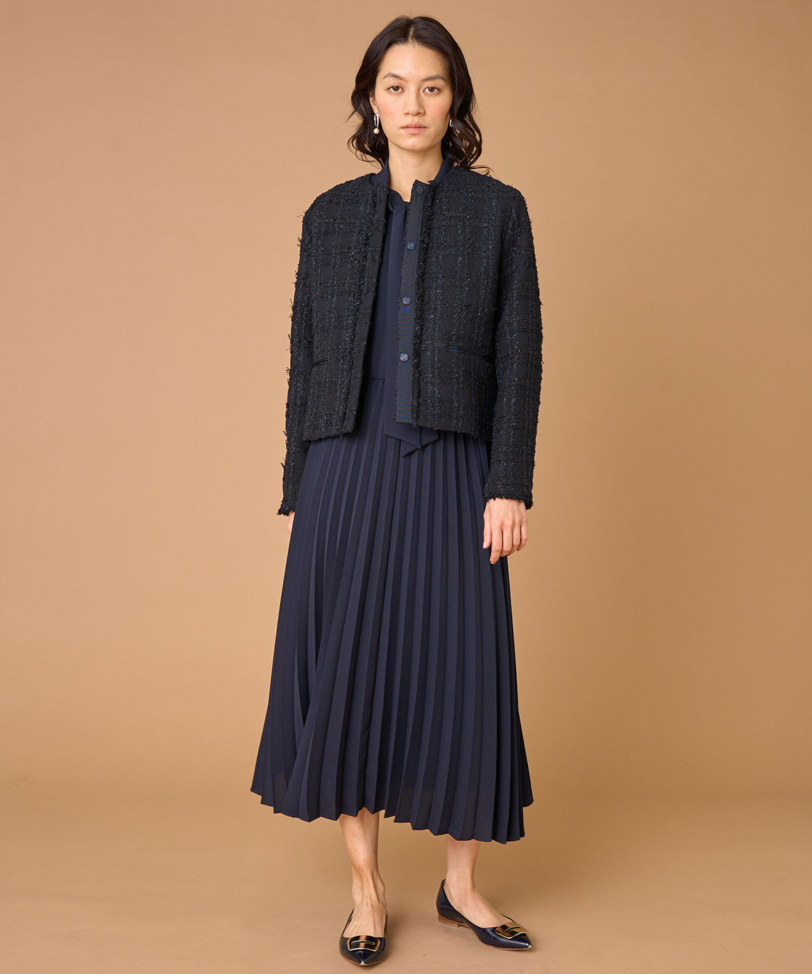 INED「《大きいサイズ》ノーカラーツイードジャケット《LINTON》」|ノーカラージャケット|