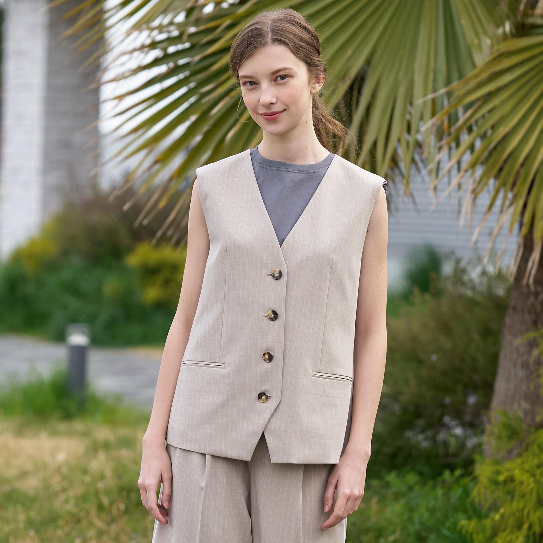 DRESSTERIOR「【セットアップ可/ウォッシャブル】セットアップストライプジレ」|ベスト・ジレ|ベージュ(352)