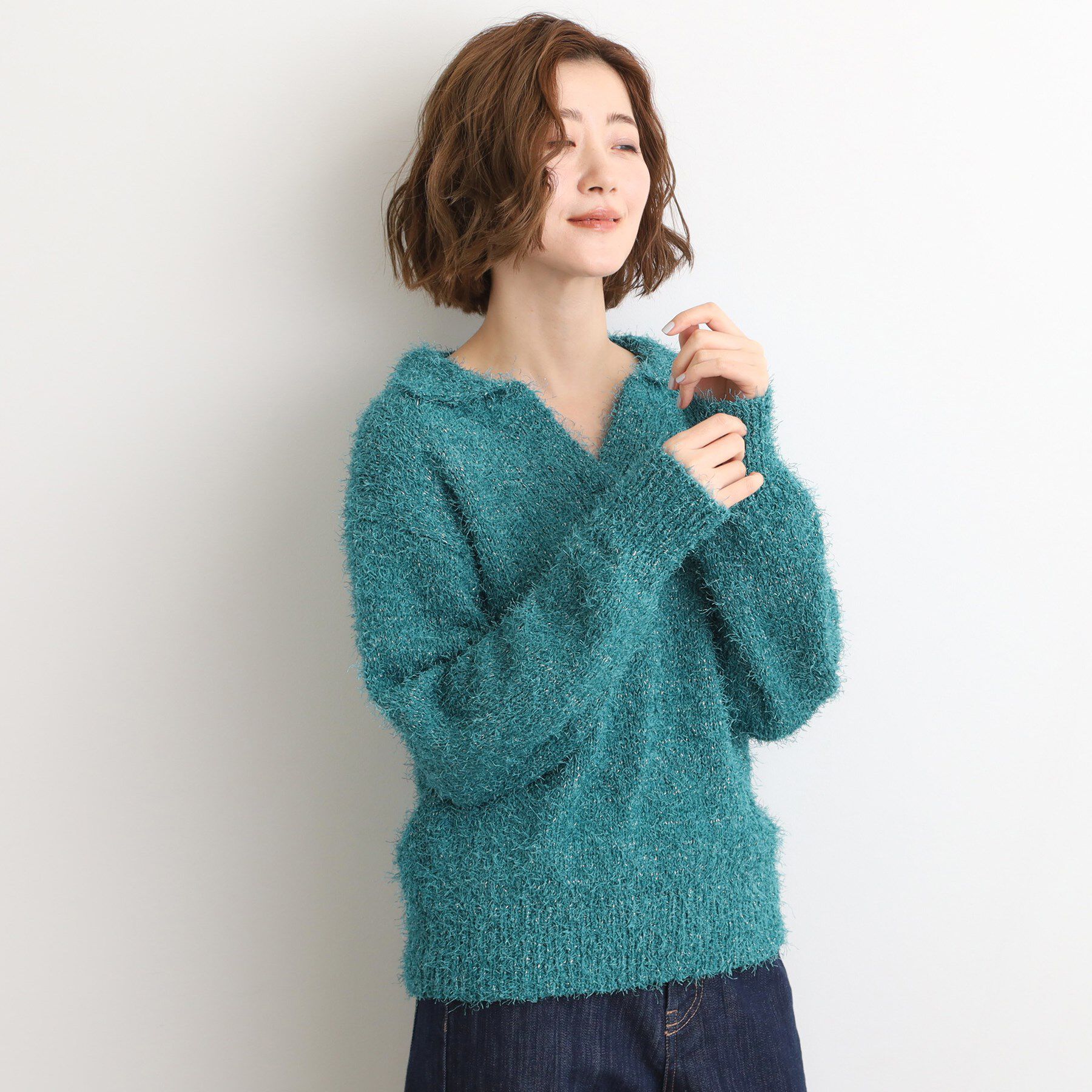 grove「【最終お値下げ！！】ラメフェザーヤーン オープンカラーニット」|ニット・セーター|