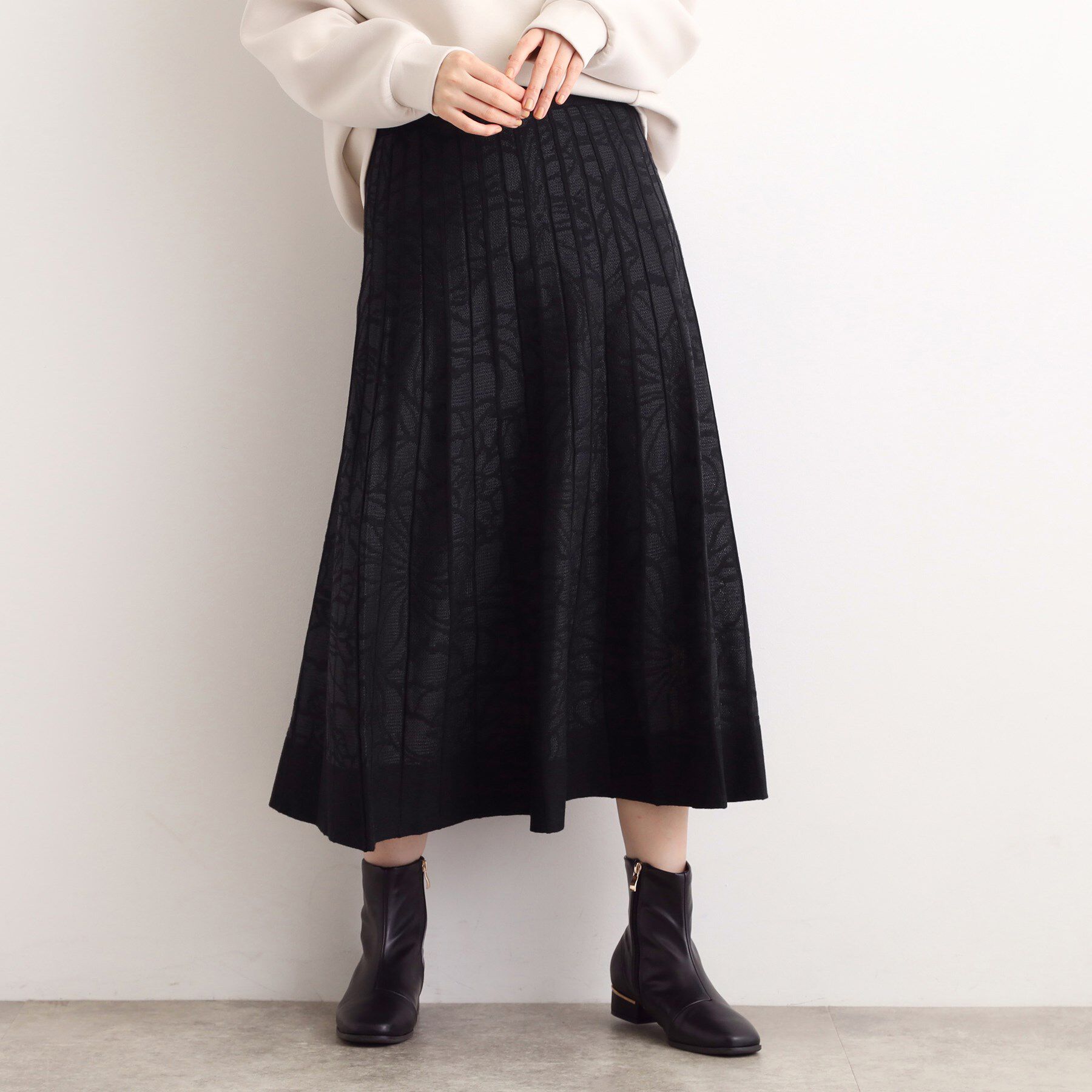 grove「【SET UP対応】レース柄ジャカードプリーツ風ニットスカート」|スカート|ブラック(019)