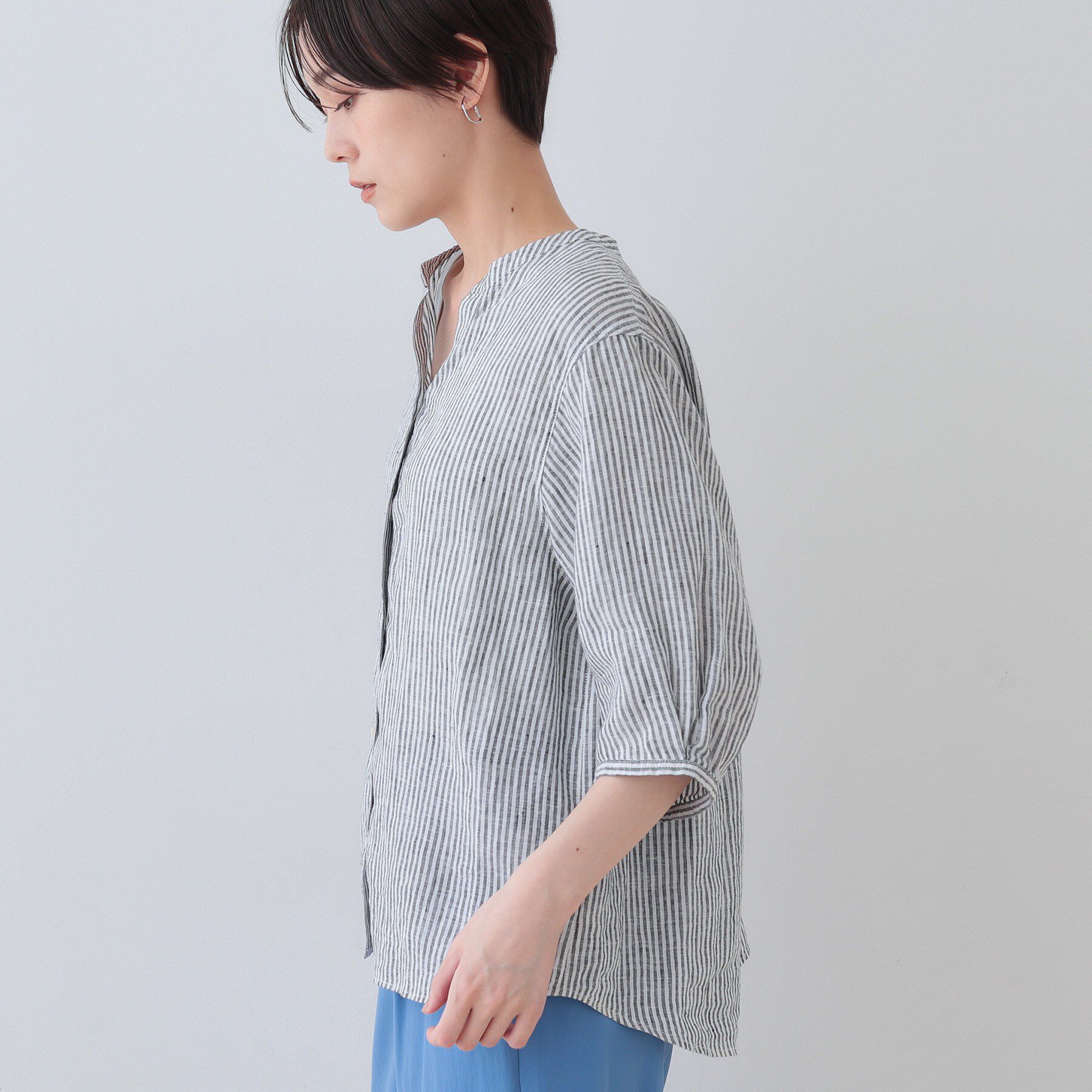 INDIVI「【毎年人気！／フレンチリネン】5分袖バンドカラーブラウス」|シャツ・ブラウス|