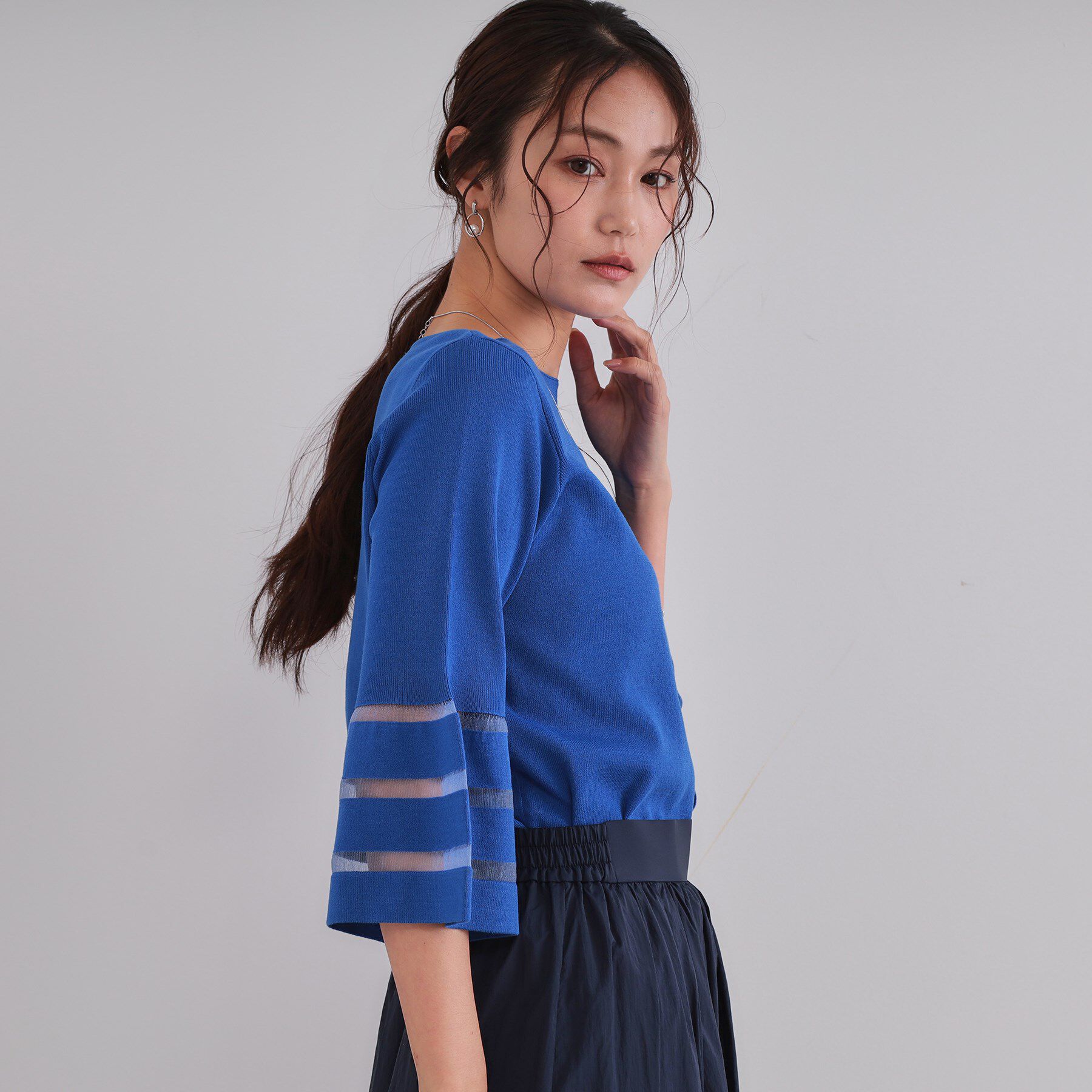 OPAQUE.CLIP「《6色展開》シアーボーダーフレアスリーブニット【洗濯機洗い可】」|ニット・セーター|