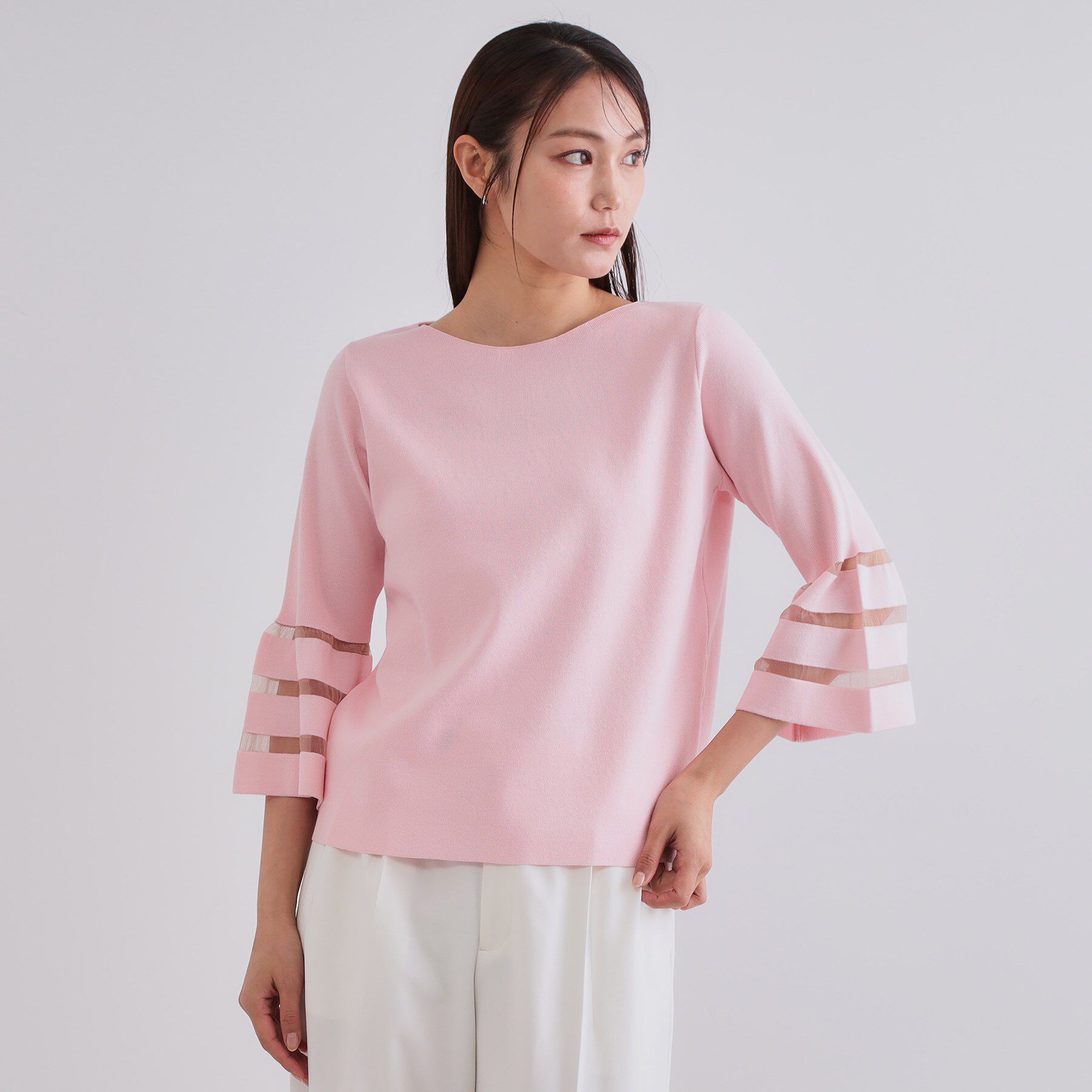 OPAQUE.CLIP「《6色展開》シアーボーダーフレアスリーブニット【洗濯機洗い可】」|ニット・セーター|