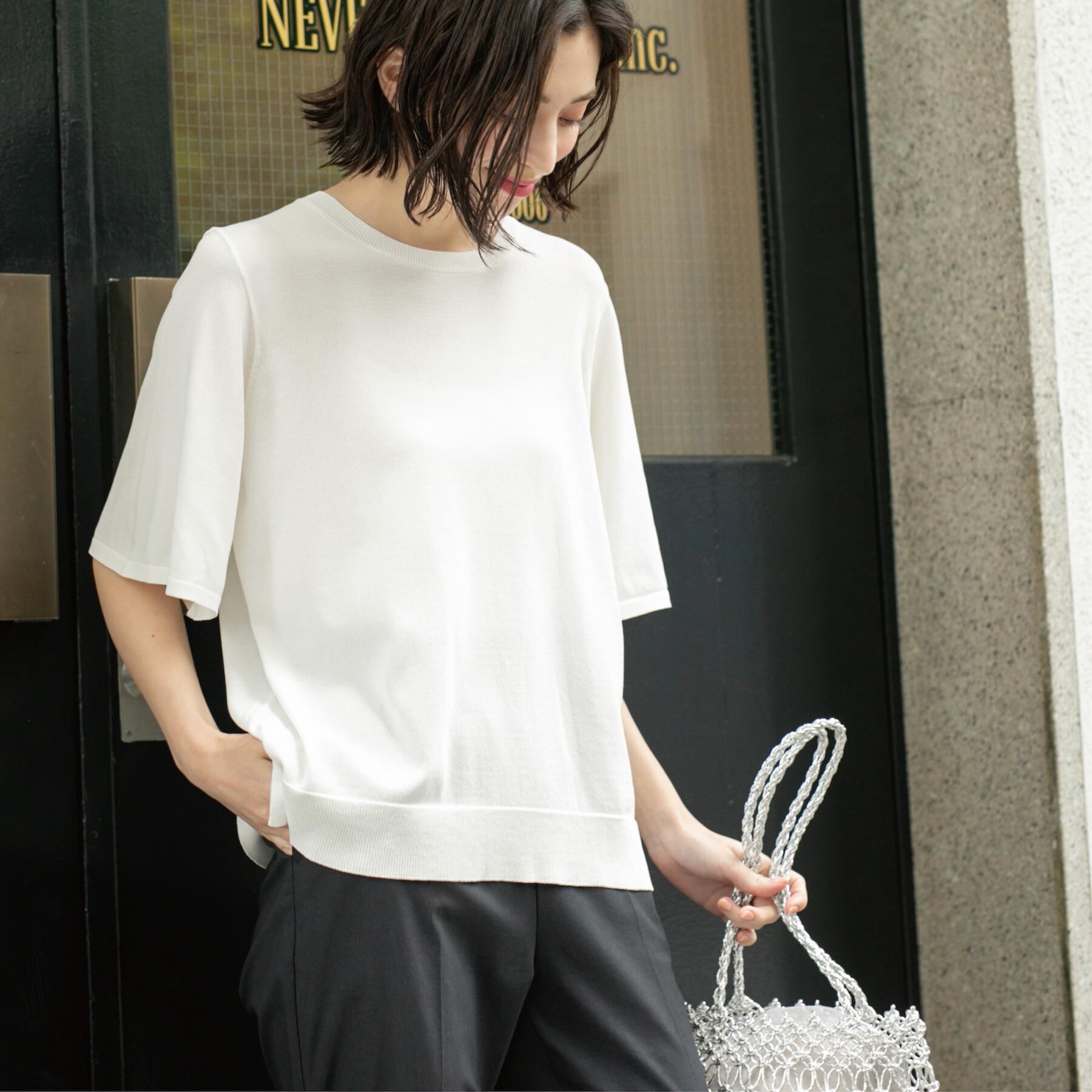 OPAQUE.CLIP「《6色展開/S-LLサイズ》フレアスリーブニット【UV/接触冷感/抗ピル/洗濯機洗い可】」|ニット・セーター|