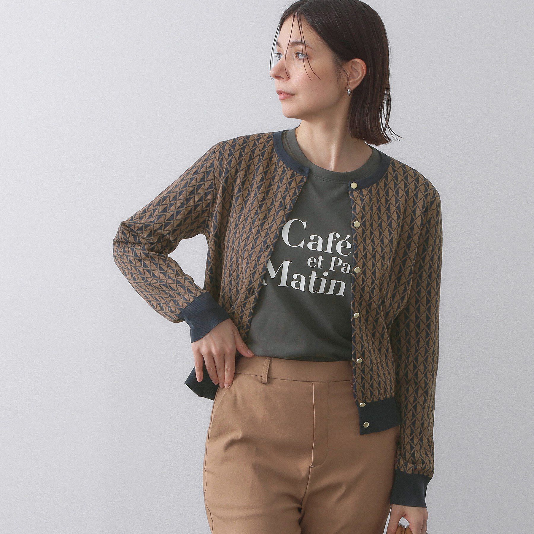 OPAQUE.CLIP「幾何学柄ジャカードニットカーディガン【洗濯機洗い可／抗ピル】」|カーディガン|ネイビー(194)