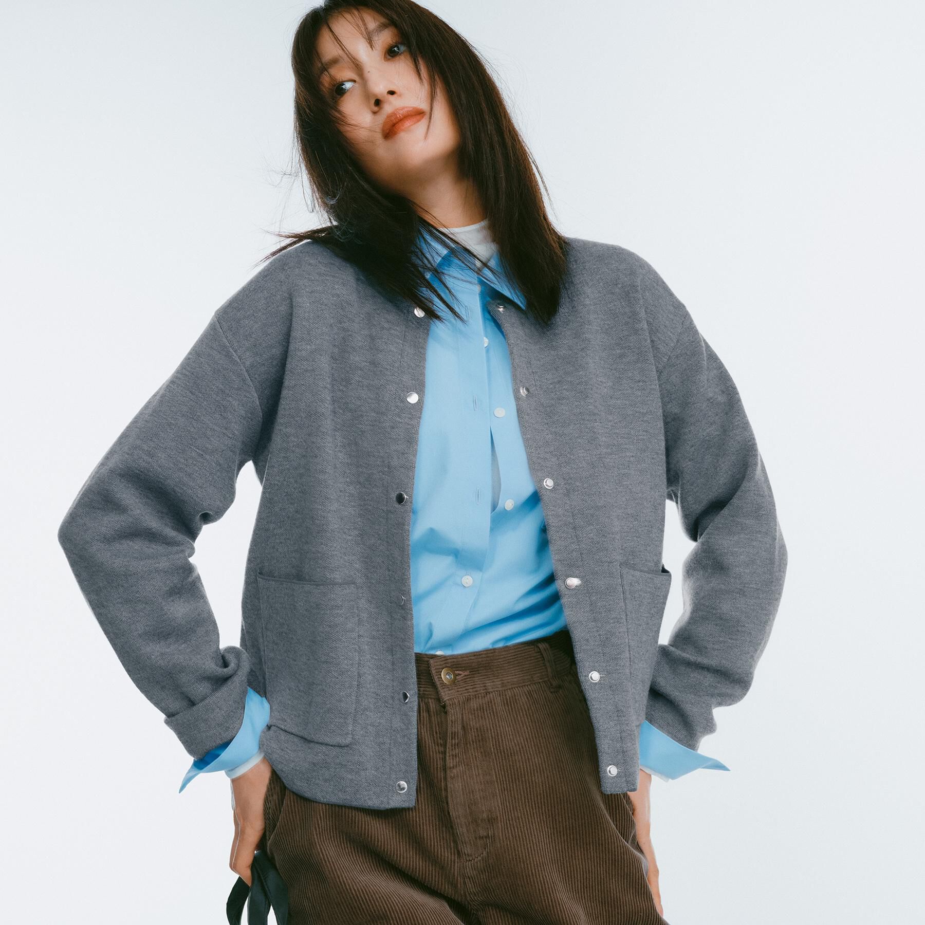 OPAQUE.CLIP「スナップボタン ダブルフェイス配色ニットカーディガン【洗濯機OK】」|カーディガン|