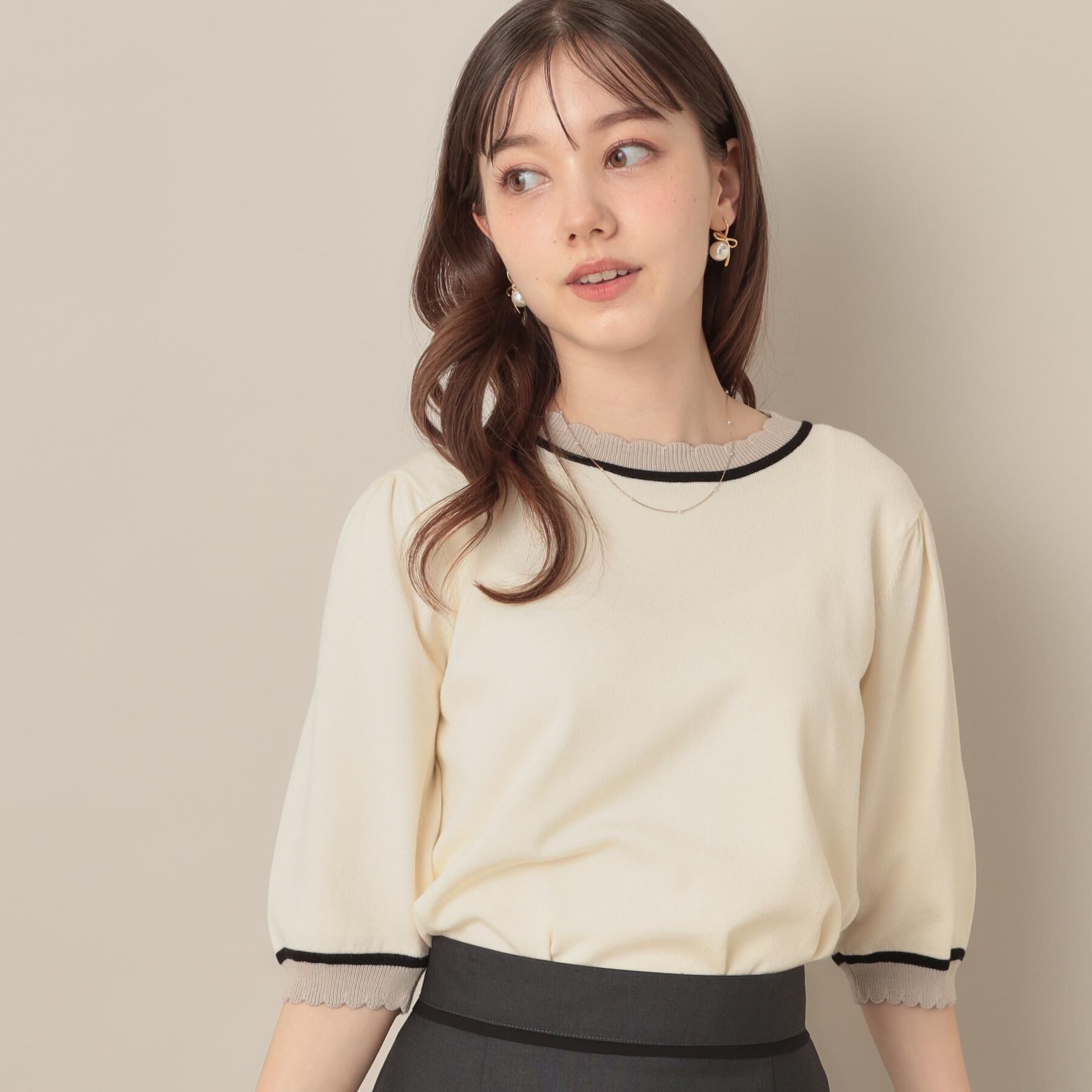 Couture broach「【5分袖・華奢見え・通勤】配色スカラ5分袖ニット」|ニット・セーター|