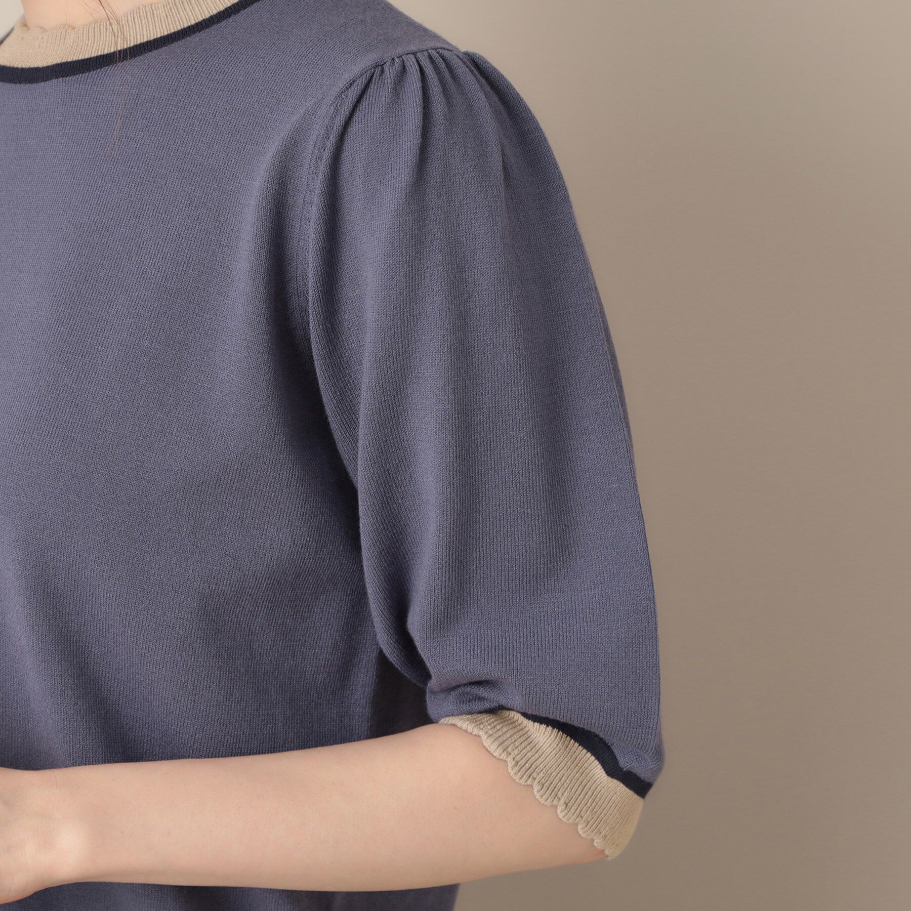 Couture broach「【5分袖・華奢見え・通勤】配色スカラ5分袖ニット」|ニット・セーター|