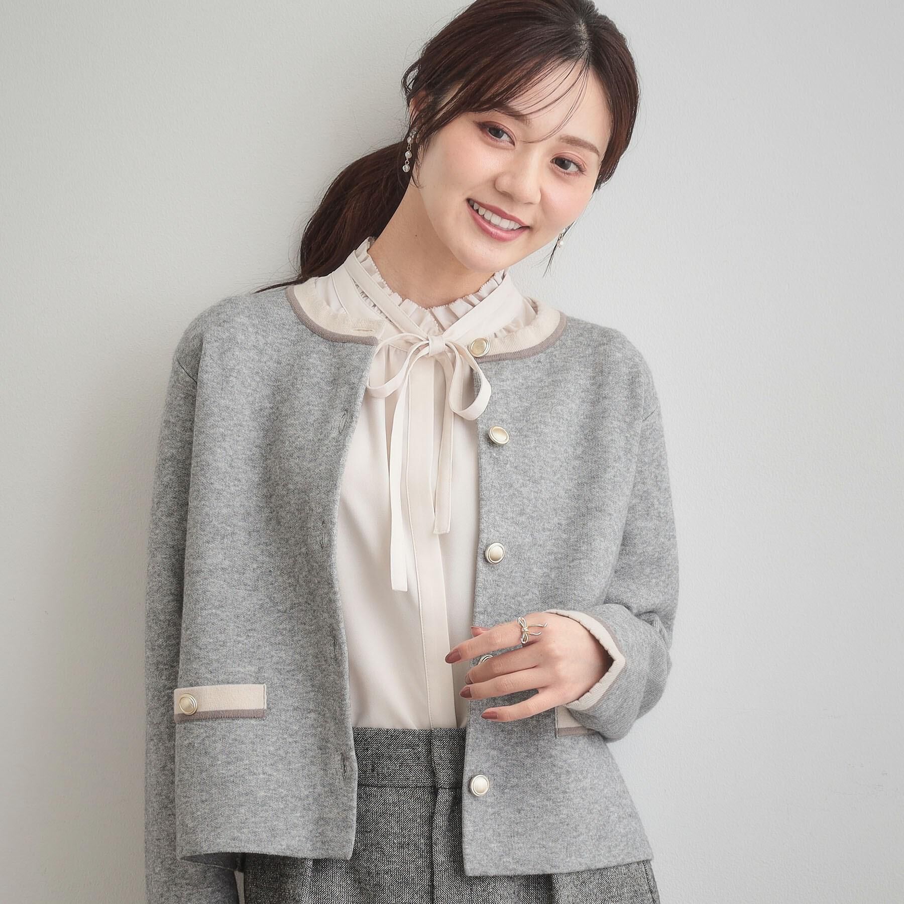 Couture broach「【通勤・大人上品】ムースタッチジャカード 配色スカラカーディ」|カーディガン|