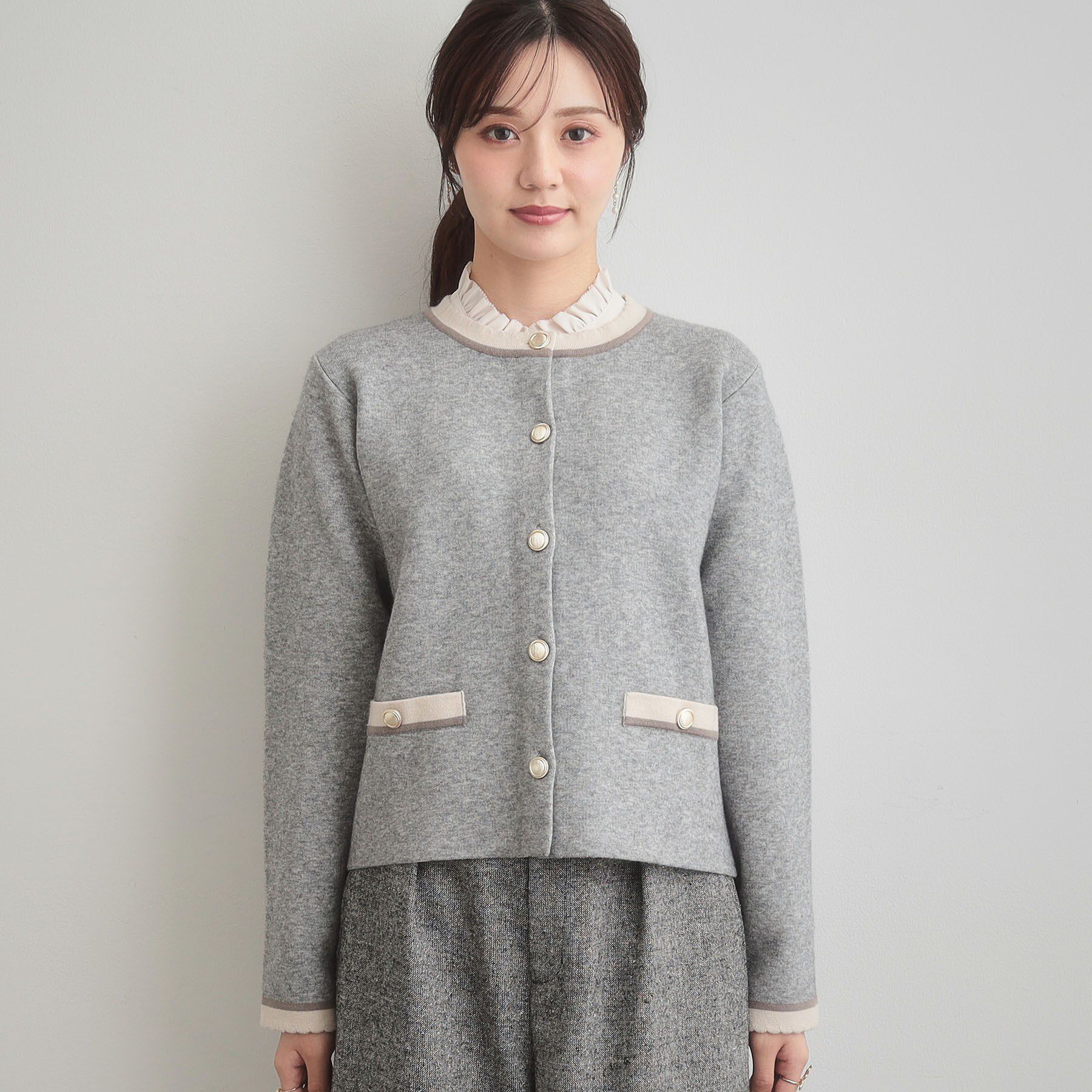 Couture broach「【通勤・大人上品】ムースタッチジャカード 配色スカラカーディ」|カーディガン|