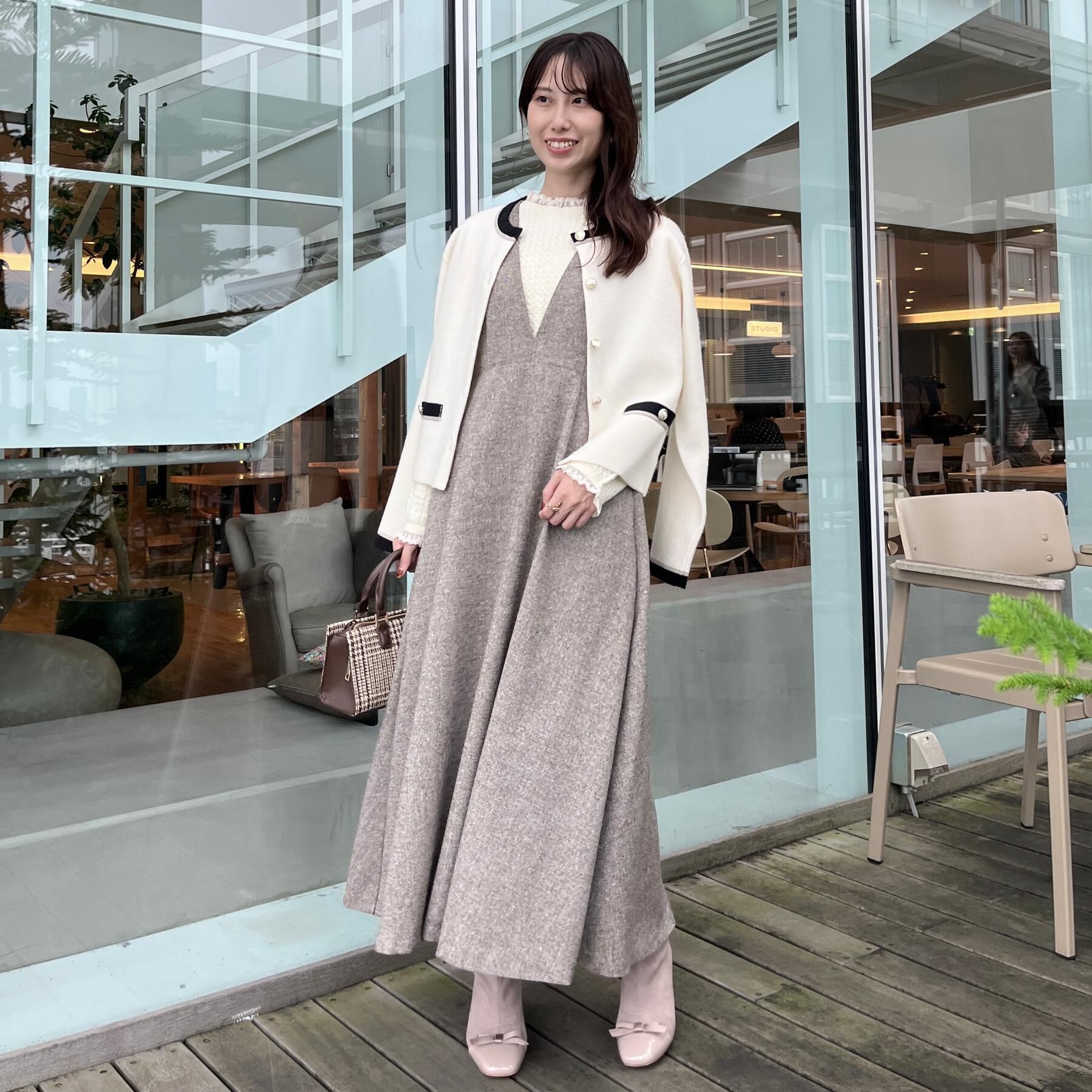 Couture broach「【通勤・大人上品】ムースタッチジャカード 配色スカラカーディ」|カーディガン|