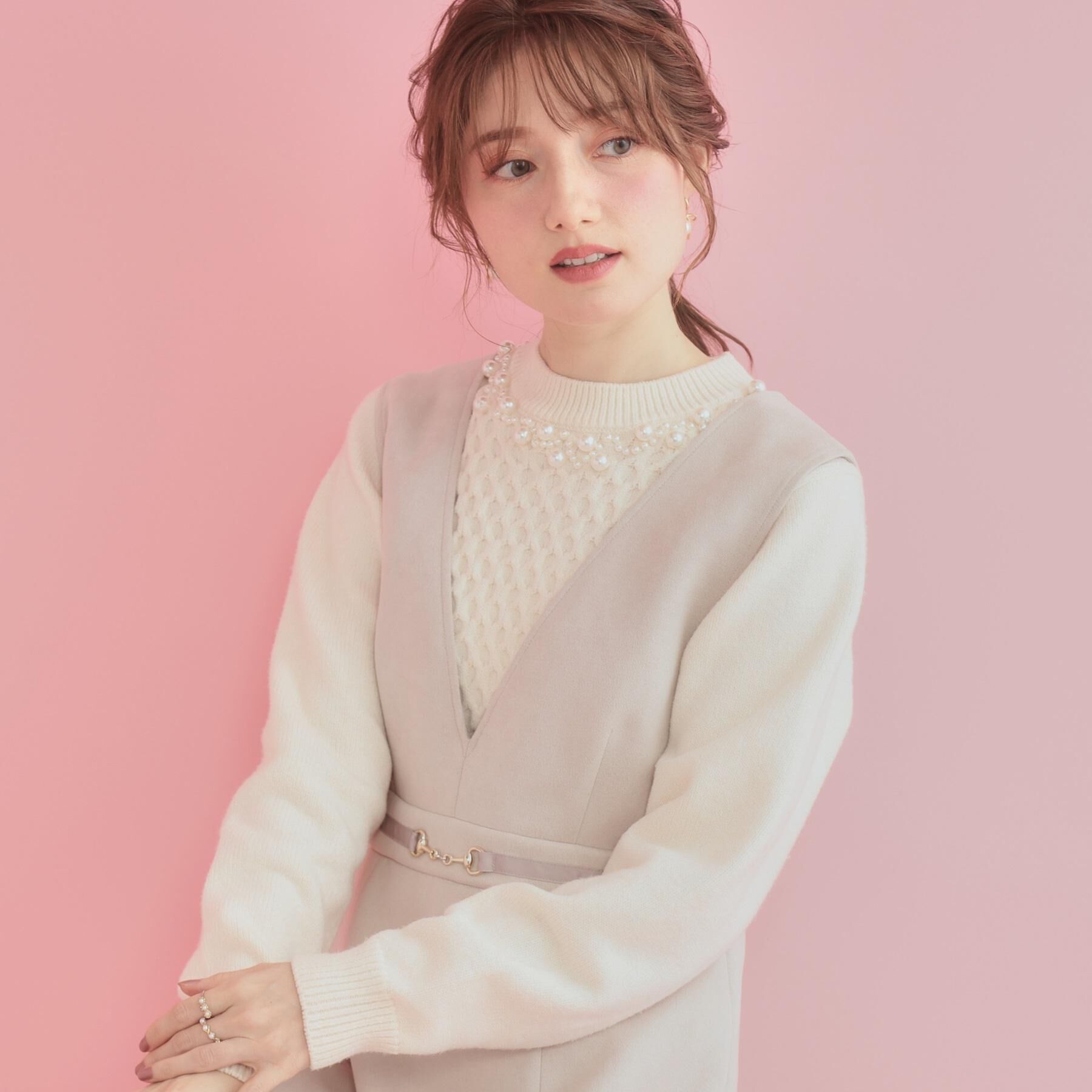 Couture broach「【きれいめ】パール調デザイン アラン柄ニット」|ニット・セーター|