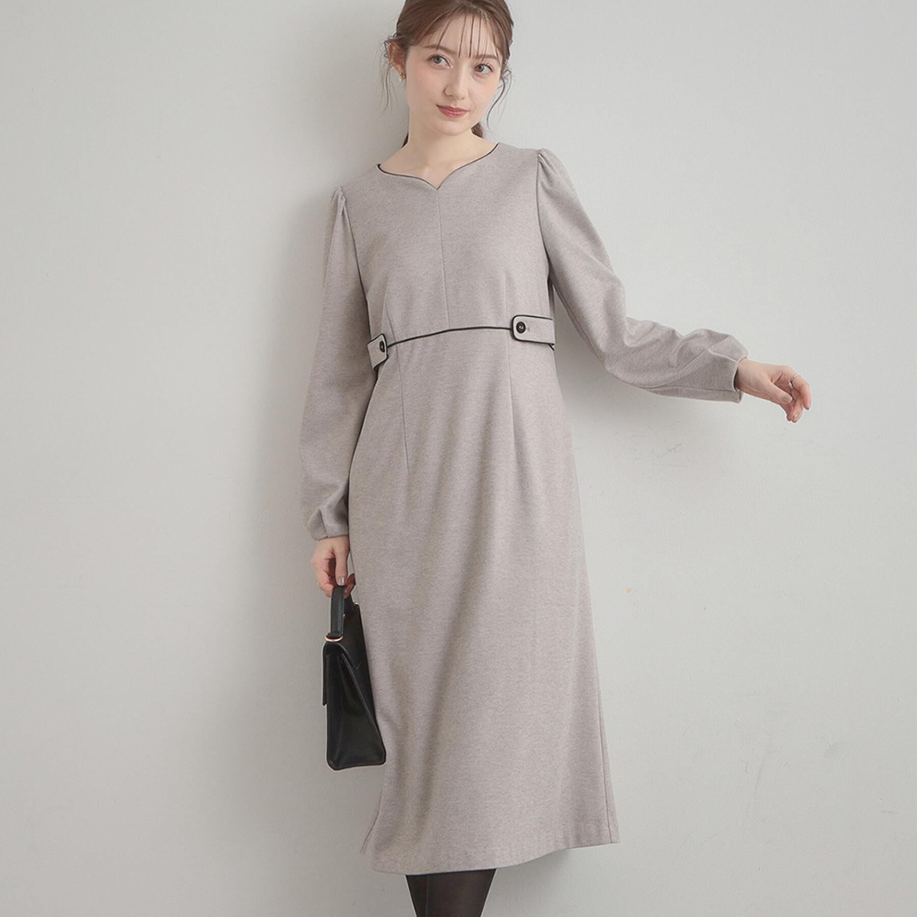 Couture broach「【通勤・起毛ポンチ】配色Aラインワンピース」|ワンピース|グレー(012)