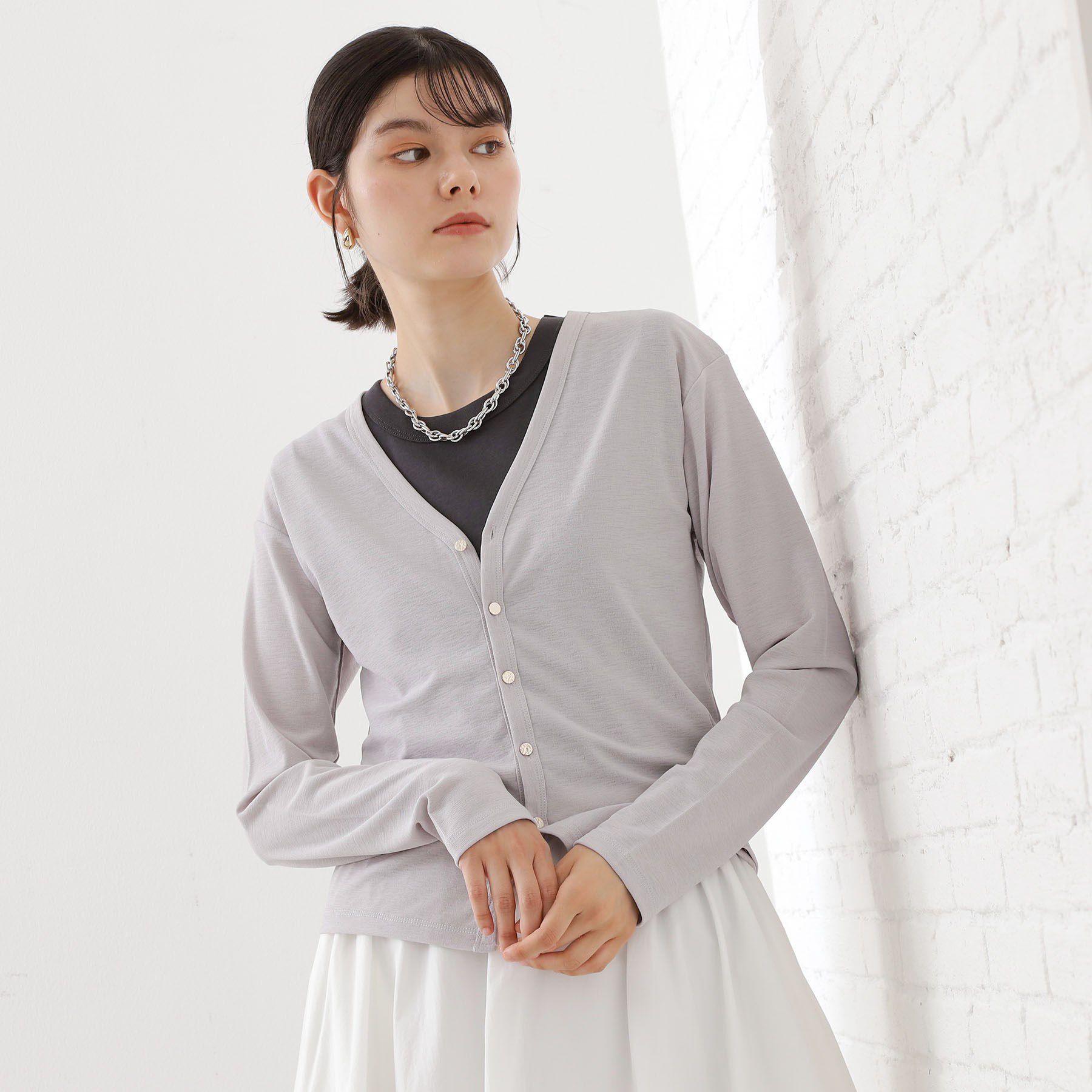 THE SHOP TK「シアーフライスVカーデ」|カーディガン|ライトグレー(011