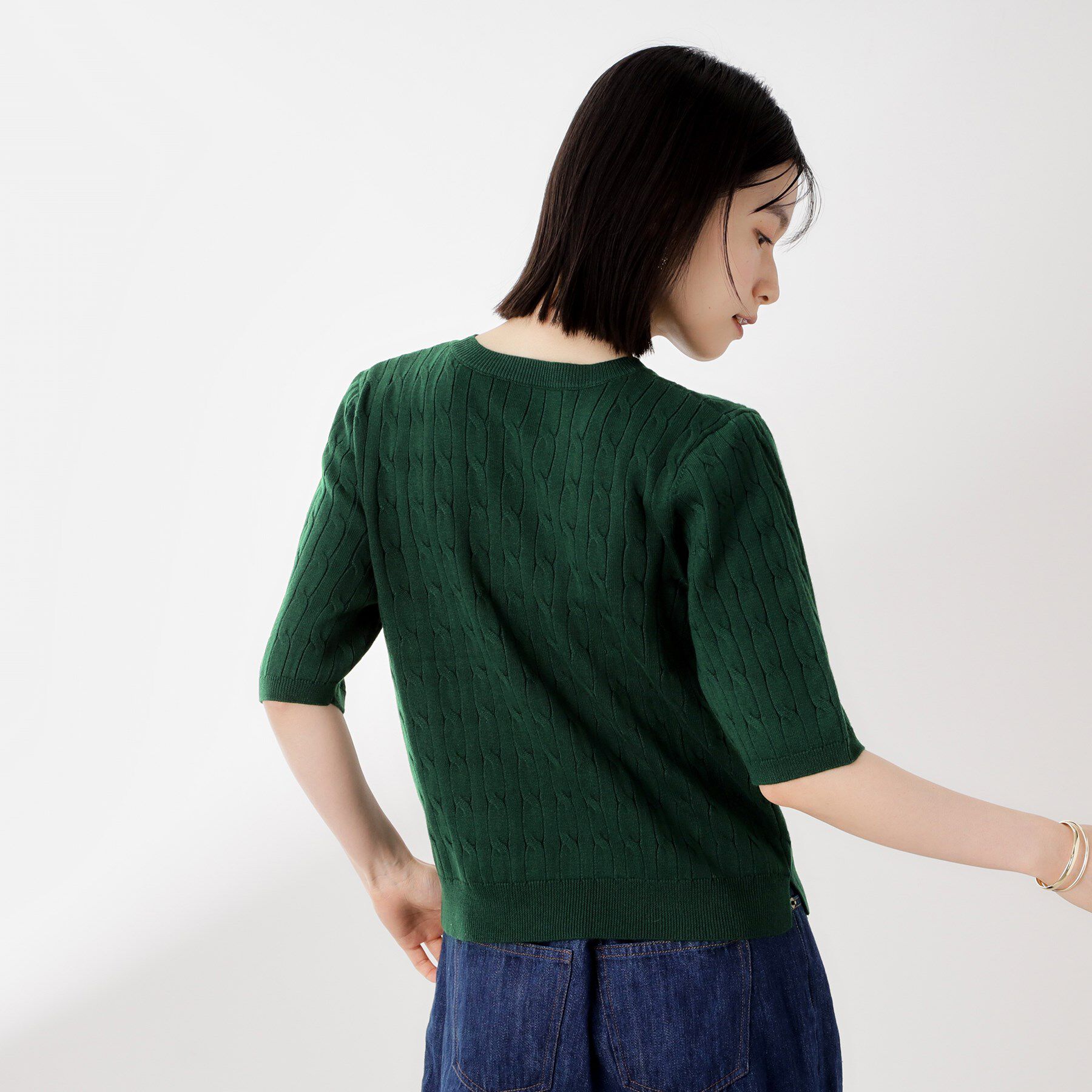 THE SHOP TK「ワンポイント刺繍ケーブル半袖ニット【洗濯機OK】」|ニット・セーター|