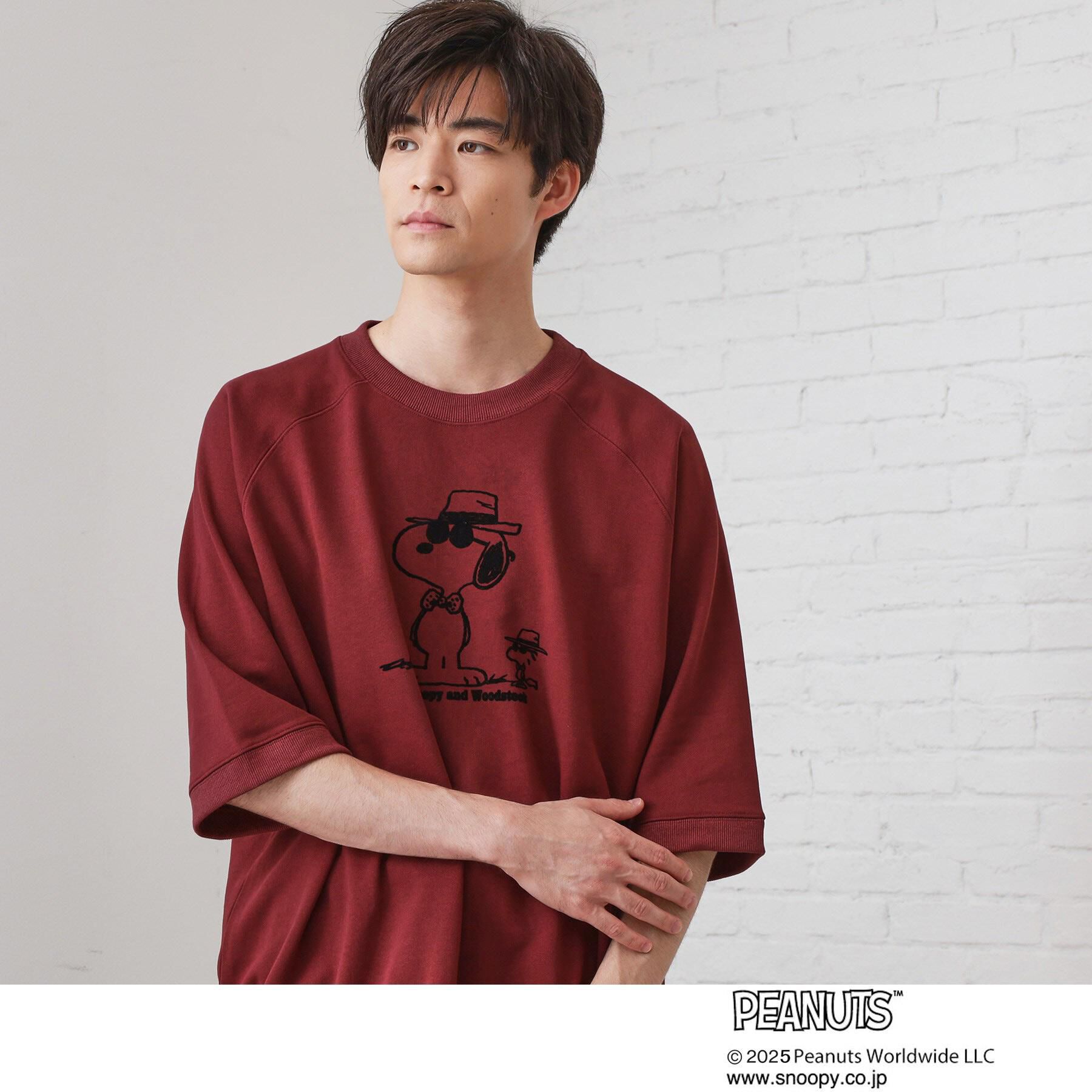 THE SHOP TK「Peanuts スヌーピー 6分袖裏毛スウェット」|Tシャツ・カットソー|ボルドー(064)