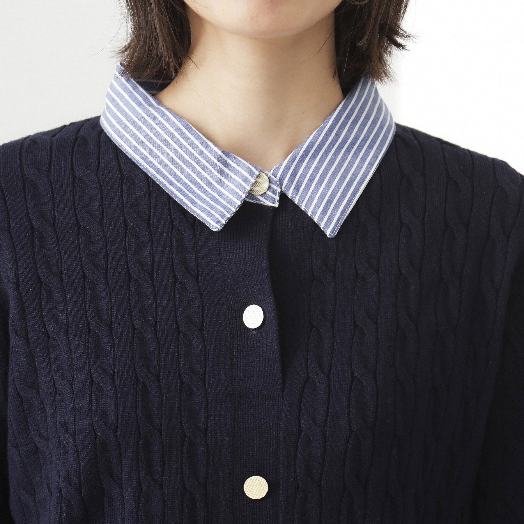 THE SHOP TK「【着るだけでコーデ完成】シャツレイヤード風 ケーブルニット」|ニット・セーター|